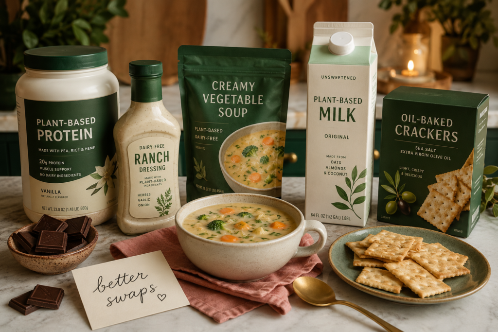 Dairy-free packaged food swaps including chocolate, crackers, dressing, soup, and plant-based protein.