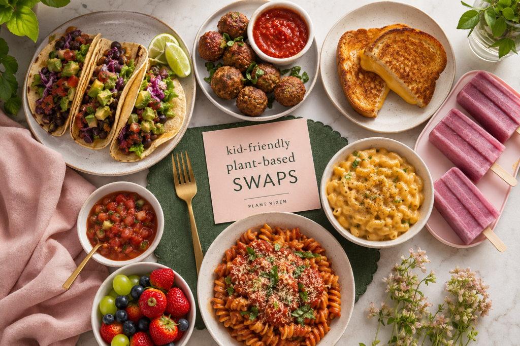 Kid-friendly plant-based food swaps including black bean tacos, meatless meatballs, dairy-free grilled cheese, vegan mac, and smoothie popsicles.