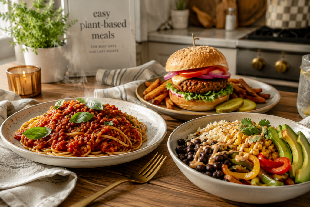  Easy plant-based backup meals including lentil spaghetti, veggie burger, and rice bowl.