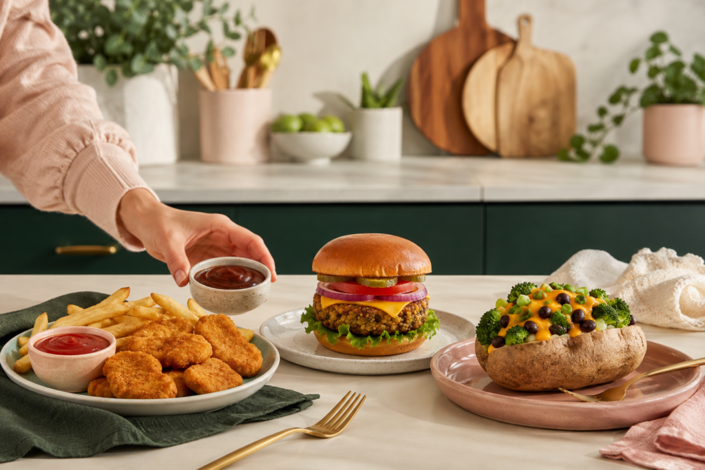  Easy plant-based food swaps for picky eaters including meatless nuggets, fries, veggie burger, and loaded baked potato.
