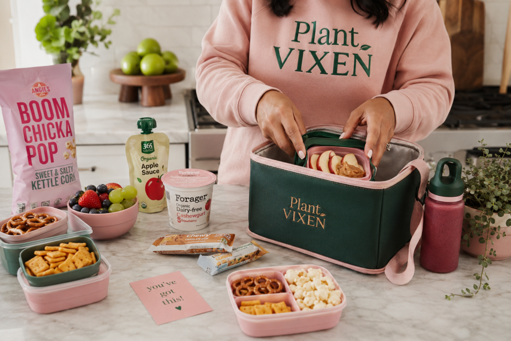 Fun plant-based snacks for kids packed in a lunchbox with popcorn, fruit, applesauce, dairy-free yogurt, pretzels, and snack containers.