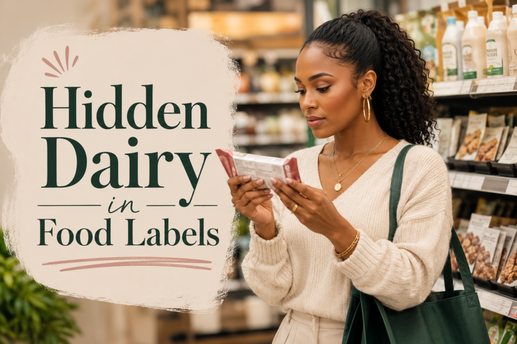 Woman reading a packaged food ingredient label in a grocery store to check for hidden dairy ingredients.