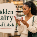 Woman reading a packaged food ingredient label in a grocery store to check for hidden dairy ingredients.