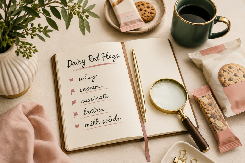 Notebook listing hidden dairy ingredients like whey, casein, caseinate, lactose, and milk solids.