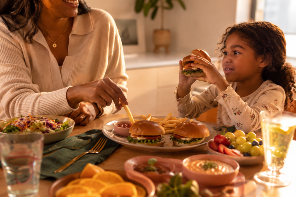 A cozy kid-friendly plant-based family dinner with veggie burger sliders, fries, fruit, salad, and dipping sauces on a warm dining table.