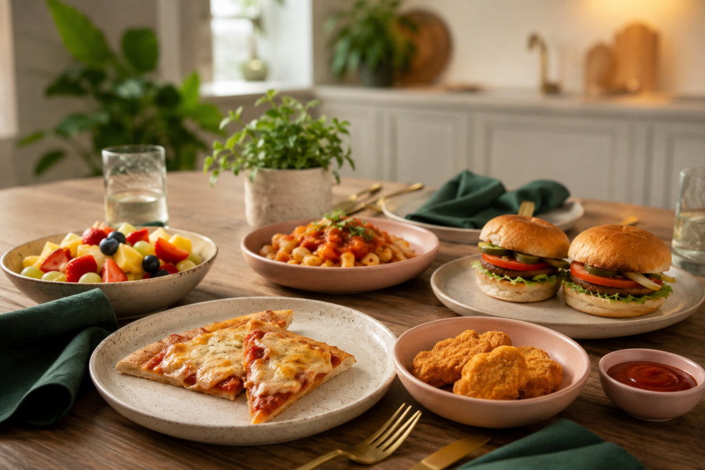  Kid-friendly plant-based meals with dairy-free pizza, meatless nuggets, veggie burger sliders, pasta, fruit, and dipping sauces.