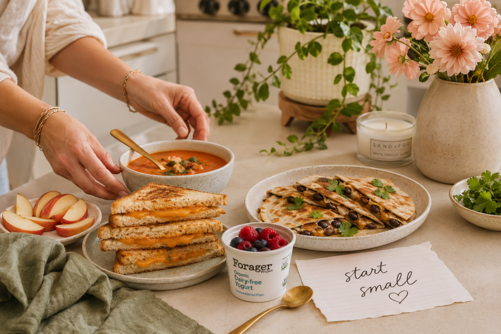   Simple kid-friendly plant-based meal ideas with grilled cheese, tomato soup, bean quesadillas, fruit, and dairy-free yogurt.