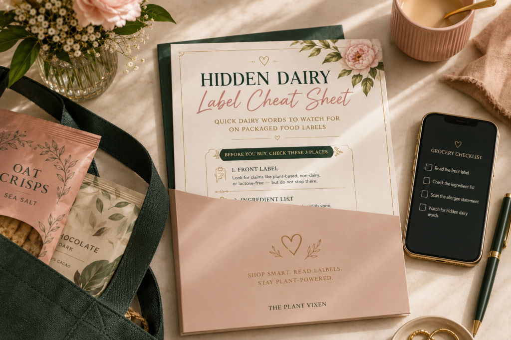Hidden Dairy Label Cheat Sheet printable mockup on a desk with grocery items and a phone.