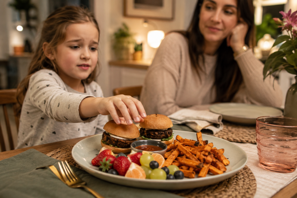  Child reaching for a kid-friendly plant-based plate with black bean sliders, sweet potato fries, fruit, and dipping sauce.