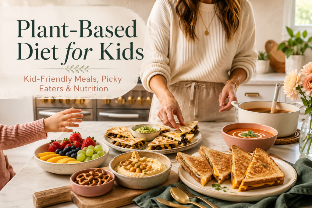 Kid-friendly plant-based meal spread with dairy-free grilled cheese, tomato soup, fruit, hummus, and pretzels in a cozy kitchen.