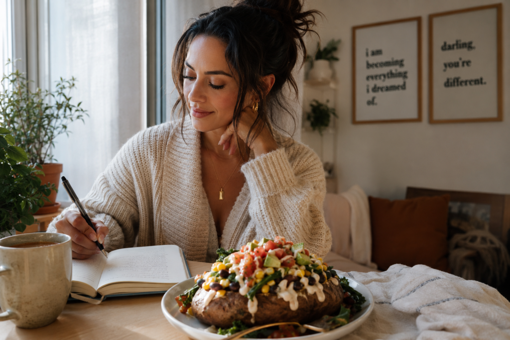 Woman journaling beside a comforting plant-based meal after resetting from an imperfect food choice.