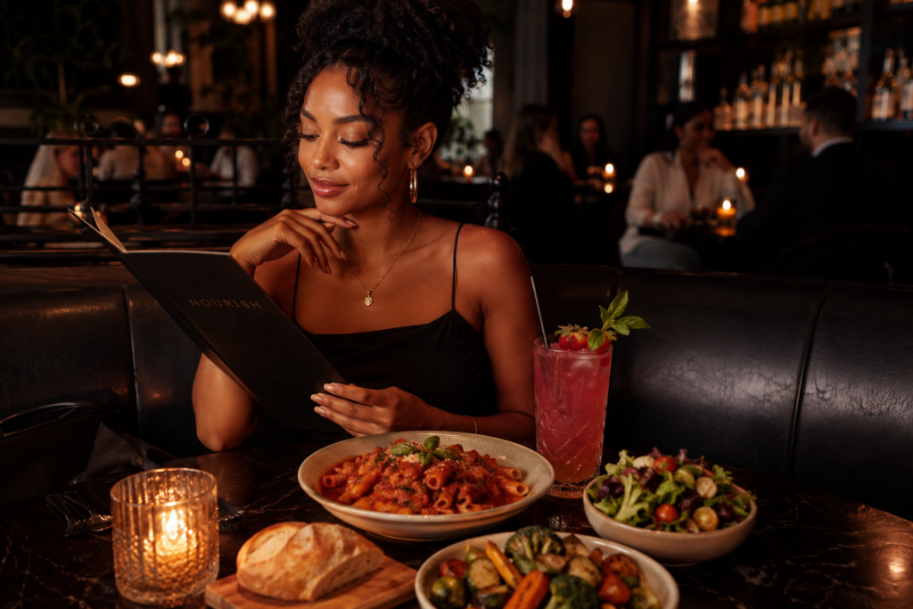  Woman confidently ordering a plant-based meal at a stylish restaurant.