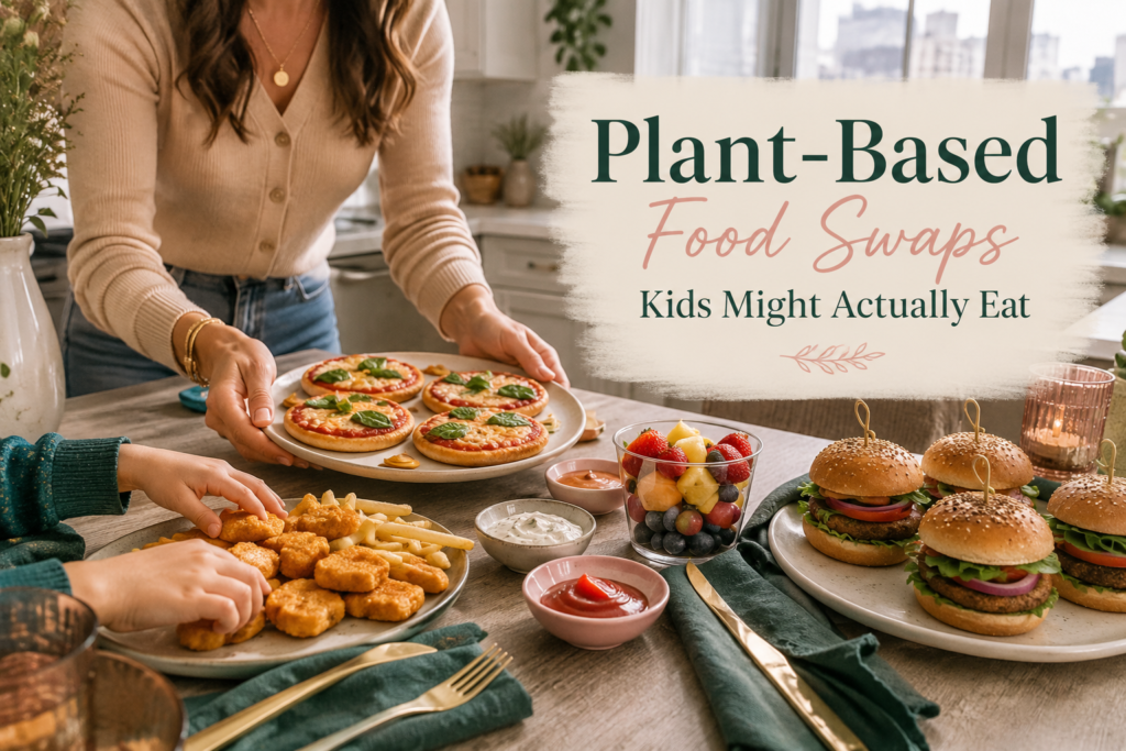 Kid-friendly plant-based food swaps including mini pizzas, meatless nuggets, fries, sliders, fruit, and dipping sauces on a cozy family table.
