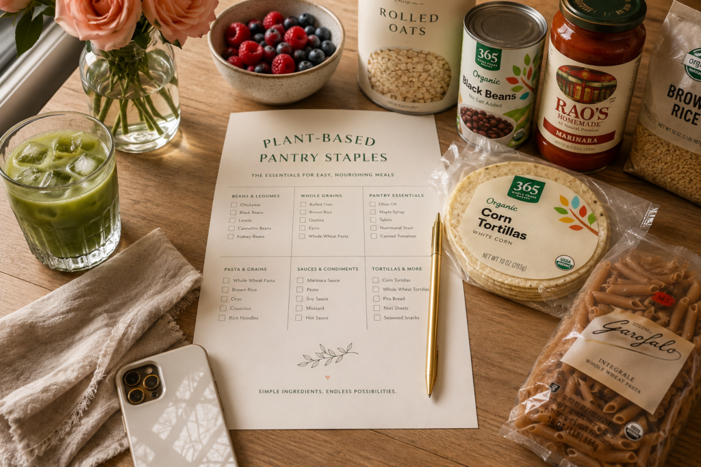 Plant-based IRL checklist with easy pantry staples and planning tools for beginners.