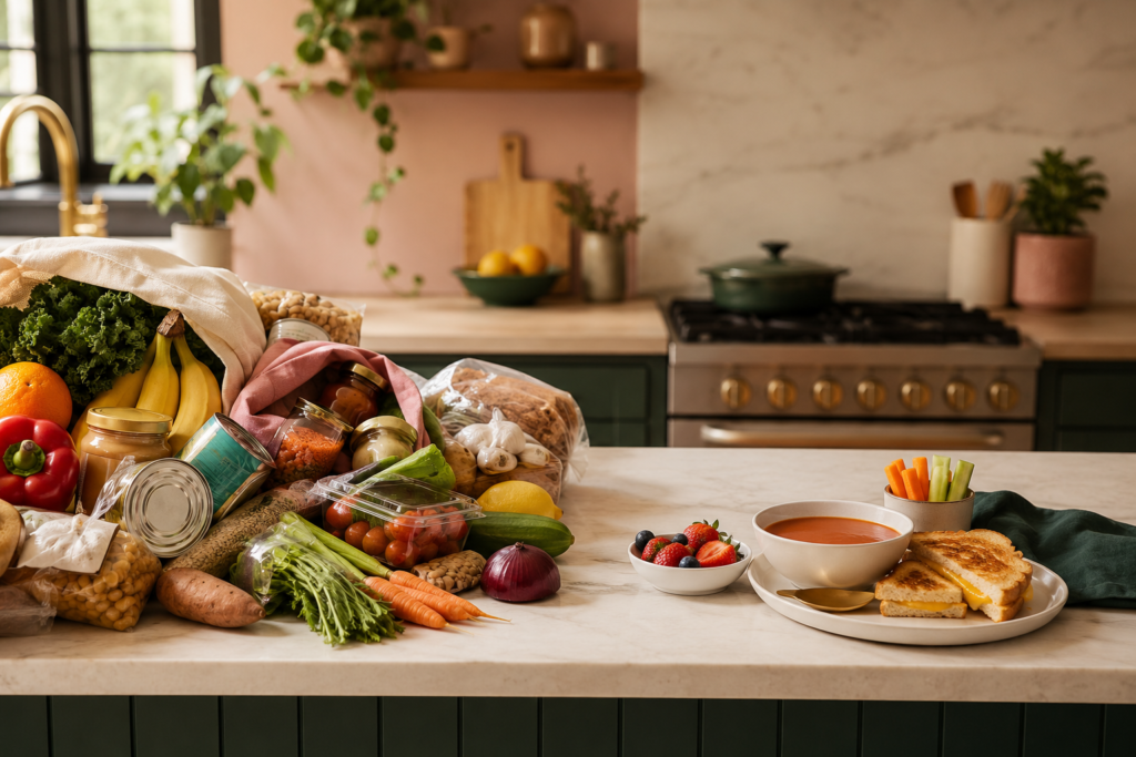 Overwhelming plant-based groceries beside a simple kid-friendly meal with dairy-free grilled cheese, tomato soup, fruit, and veggie sticks.