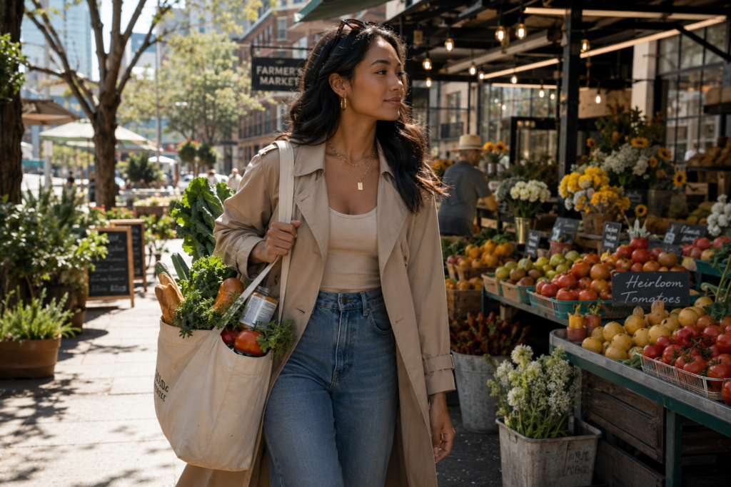 Confident woman shopping at an urban farmer’s market while building a realistic plant-based lifestyle.