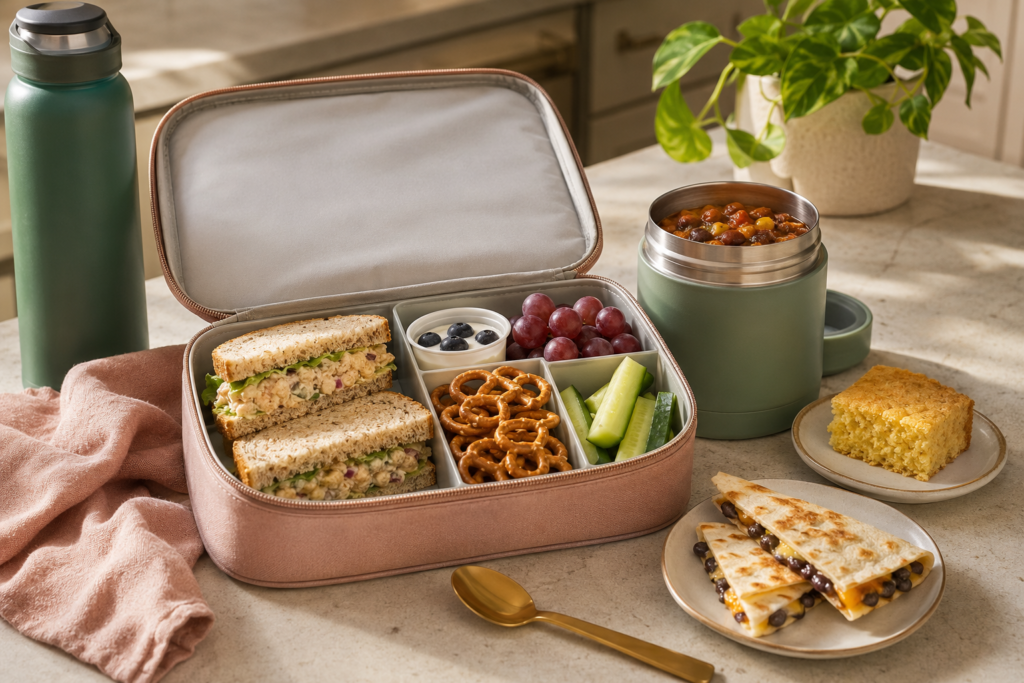   Plant-based lunchbox with chickpea salad sandwich, grapes, pretzels, cucumber sticks, dairy-free yogurt, bean chili, and quesadilla triangles.