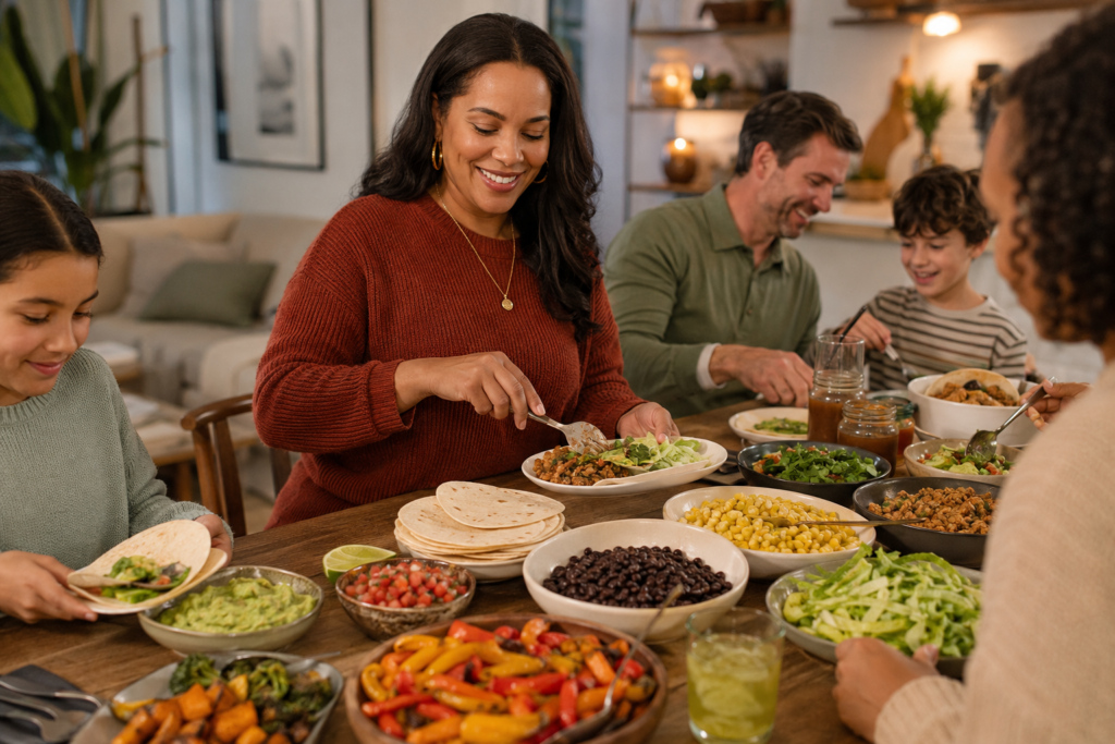 Family enjoying a customizable taco night with plant-based options at home.