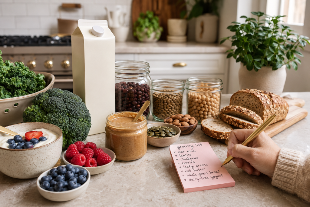 Plant-based nutrition foods for kids including fortified plant milk, beans, lentils, chickpeas, whole grains, nut butter, greens, broccoli, and berries.