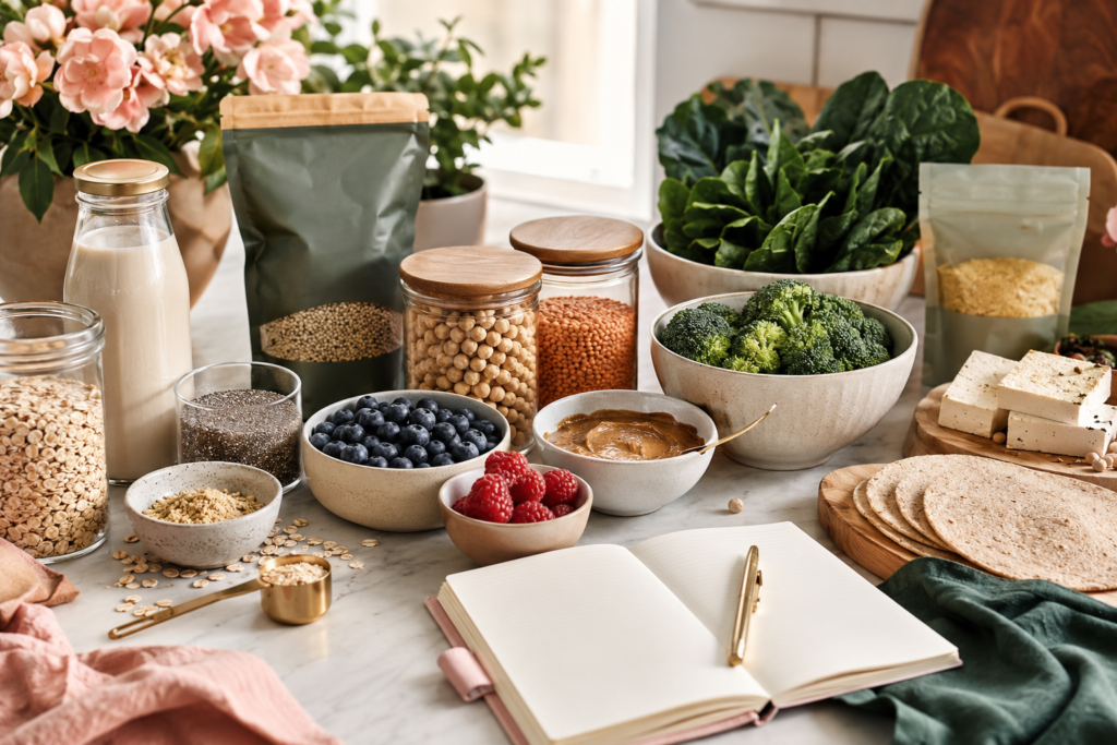  Plant-based nutrition foods for kids including fortified plant milk, oats, chia, lentils, chickpeas, almond butter, broccoli, greens, and whole grain wraps.