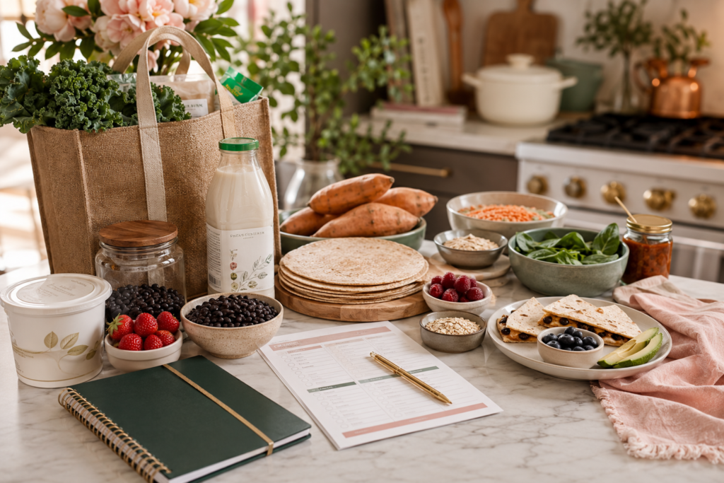 Weekly plant-based meal planning setup with checklist, groceries, black beans, wraps, fruit, dairy-free yogurt, and kid-friendly quesadillas.
