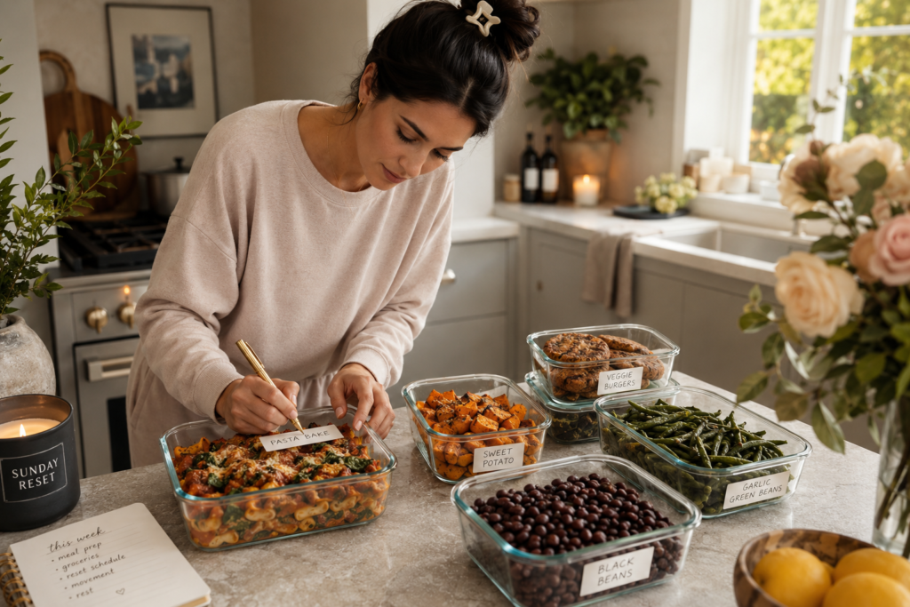 Woman prepping repeatable plant-based meals for busy days in a cozy kitchen.