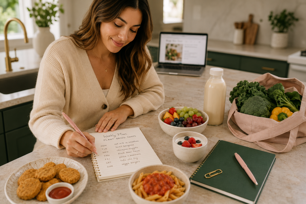 A parent planning simple plant-based food swaps for the week with plant milk, dairy-free yogurt, fruit, pasta, and kid-friendly foods nearby.
