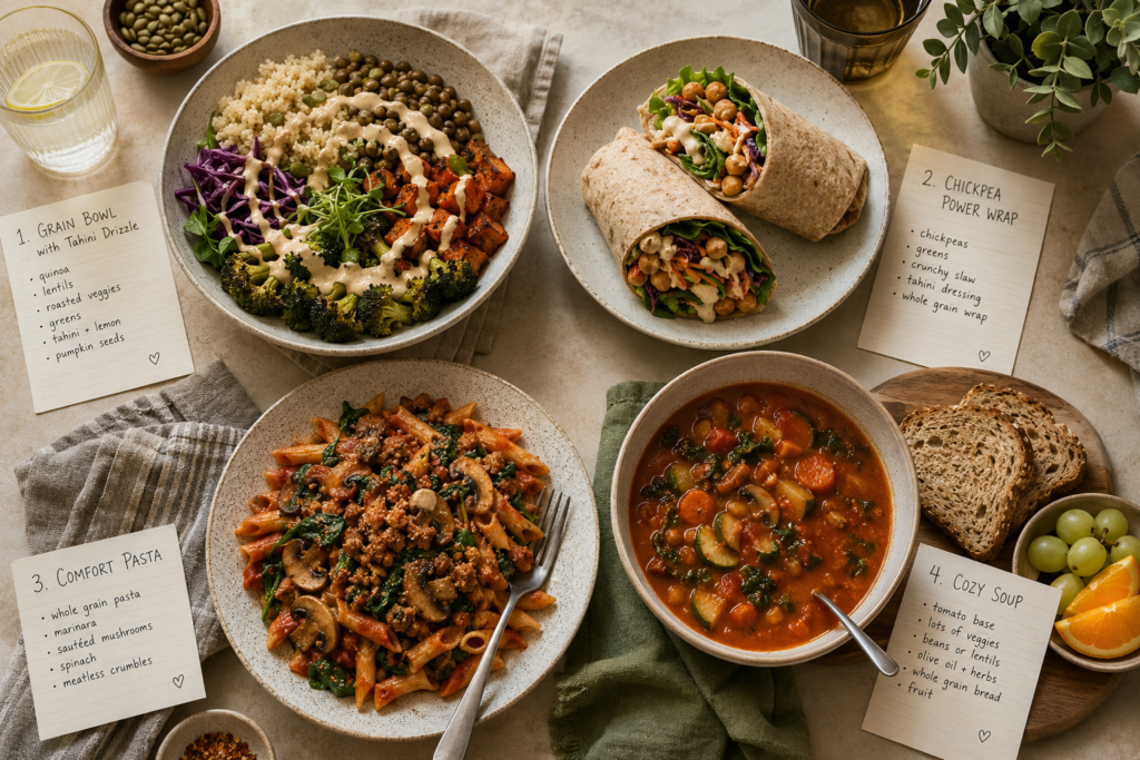 Four simple plant-based meal formulas including a bowl, wrap, pasta, and soup plate.