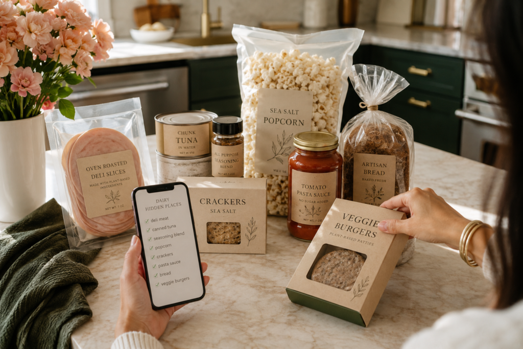 Unexpected packaged foods like crackers, tuna, seasonings, and pasta sauce that may contain dairy.