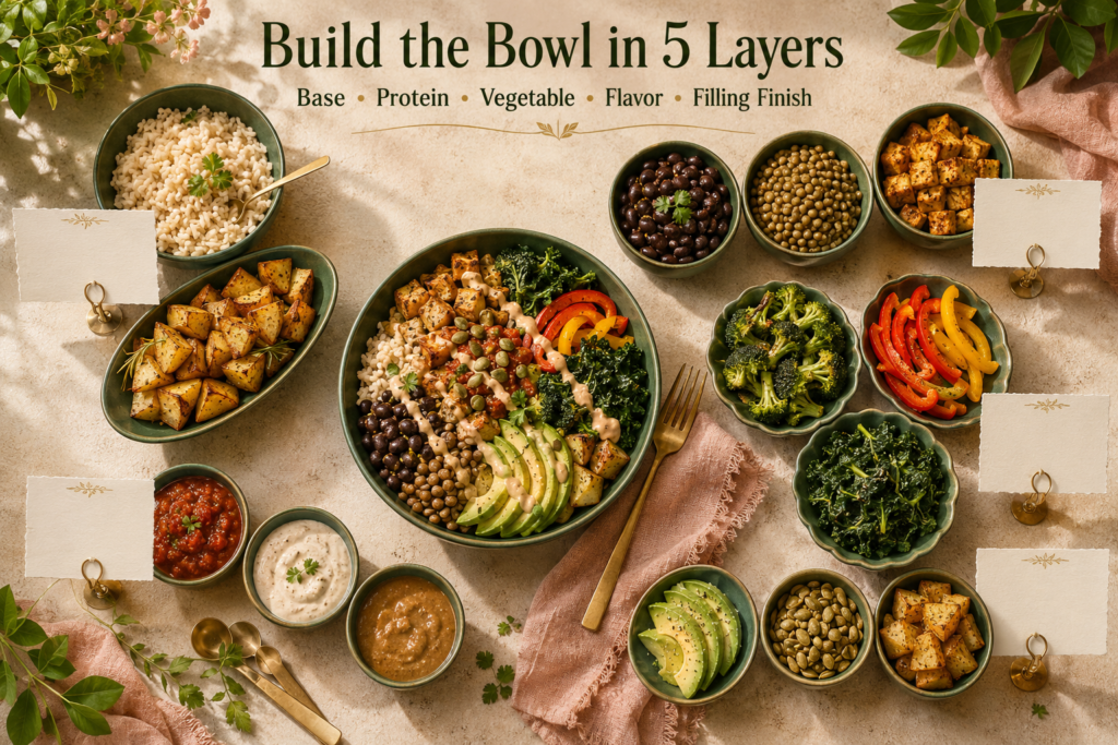 Plant-based meal building blocks including grains, beans, vegetables, sauces and avocado.