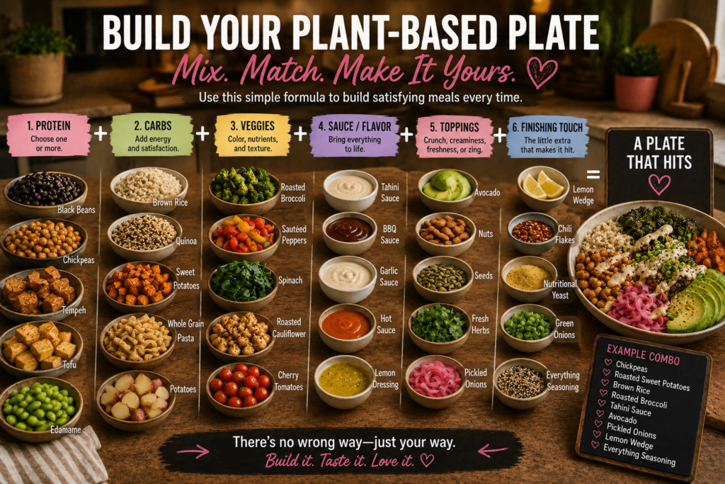 build-your-plant-based-plate-formula Plant-based meal-building guide showing protein, carbohydrates, vegetables, sauces, toppings, and finishing touches arranged into one complete bowl.