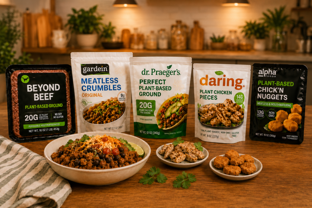 commercial-plant-based-meat-options Several plant-based ground, crumble, chicken-style, and nugget products displayed with a prepared taco-style bowl on a warm kitchen counter.