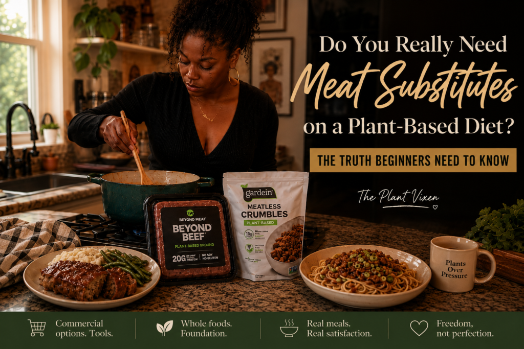 Plant-based meat packages beside a plate of meatless meatloaf with mashed potatoes and green beans in a warm kitchen.