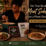 Plant-based meat packages beside a plate of meatless meatloaf with mashed potatoes and green beans in a warm kitchen.