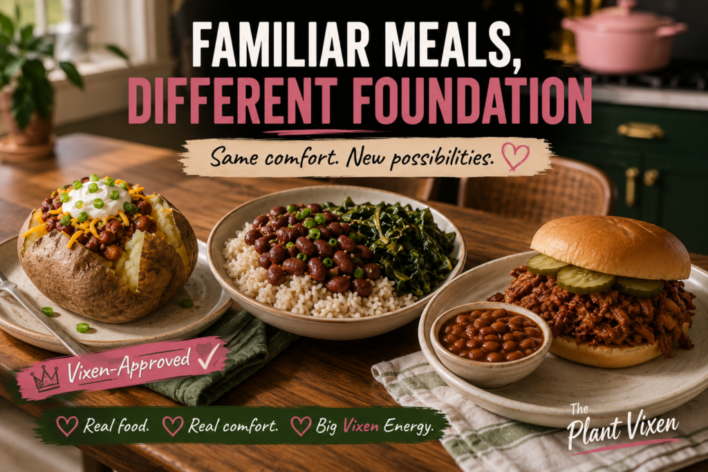 familiar-vegan-meals-different-foundation Loaded baked potato, red beans and rice with greens, and a barbecue jackfruit sandwich with baked beans arranged on a warm wooden table.
