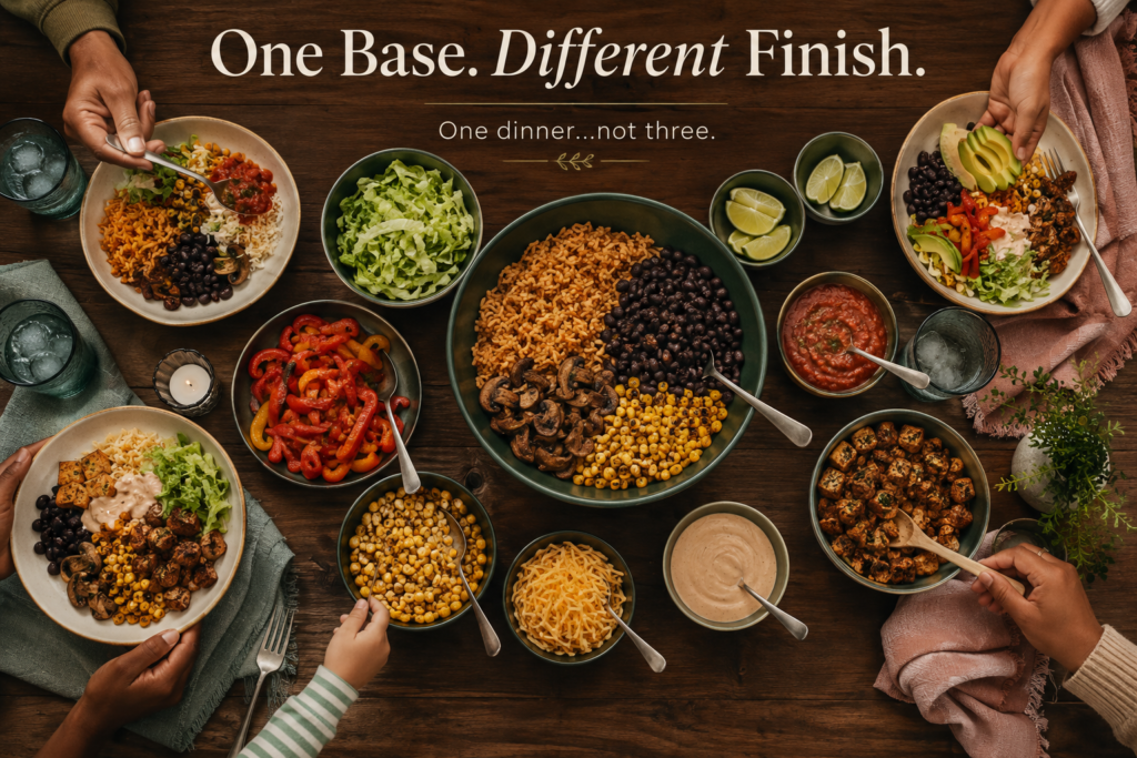 Family members customizing plant-based taco bowls from one shared meal base.