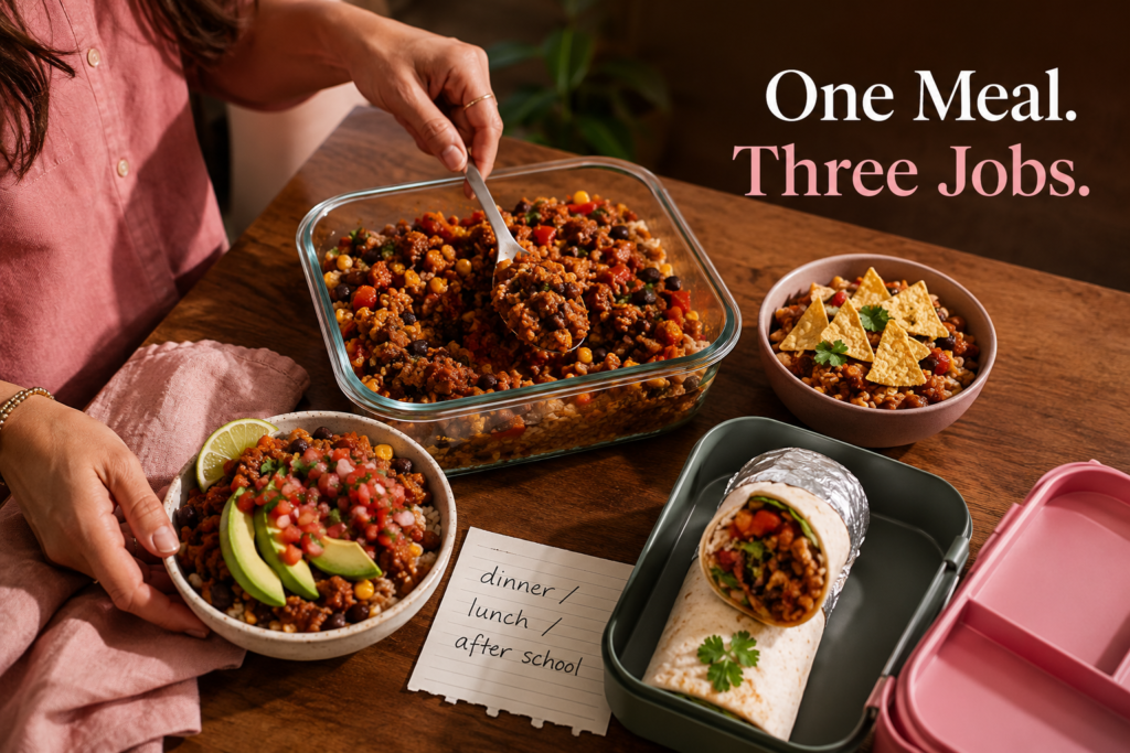 meal-three-school-day-uses Taco rice divided into dinner, a lunch wrap, and an after-school meal