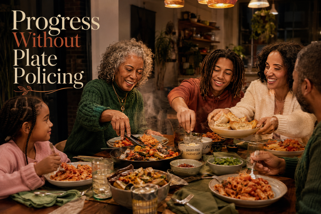 Multigenerational family sharing pasta with different toppings at the same dinner table.