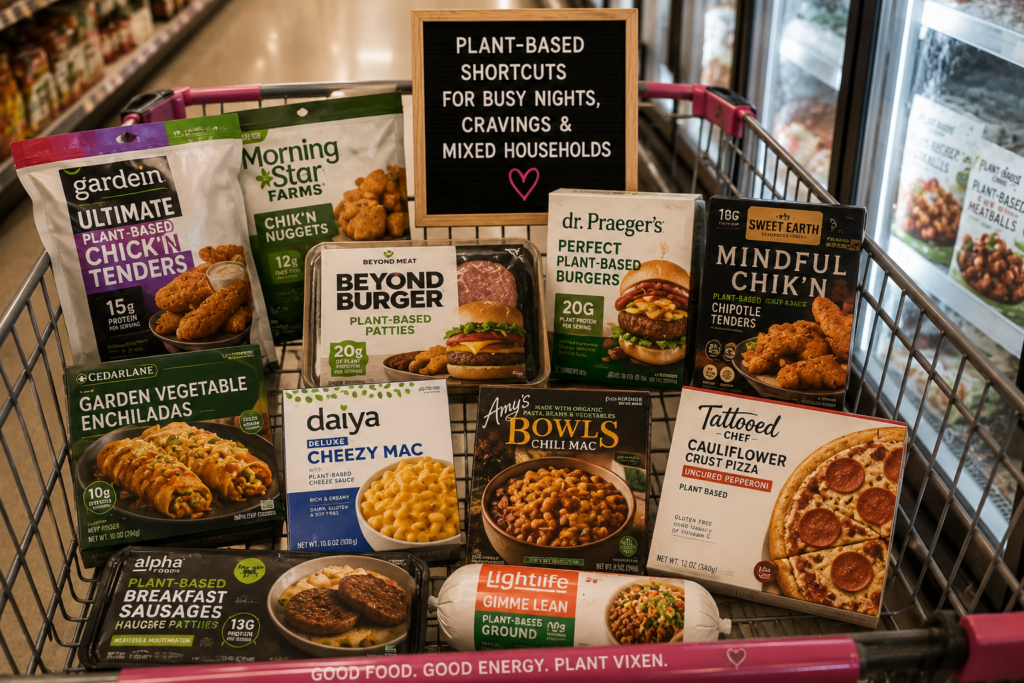 plant-based-convenience-foods-grocery-cart Shopping cart filled with plant-based burgers, nuggets, tenders, pizza, mac and cheese, enchiladas, breakfast patties, and other convenience foods in a grocery-store freezer aisle.