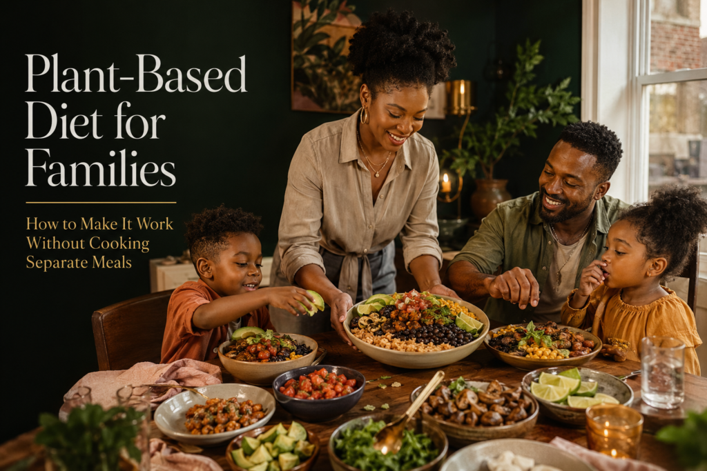 Black family sharing colorful plant-based taco bowls at a warm, modern dinner table.