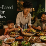 Black family sharing colorful plant-based taco bowls at a warm, modern dinner table.