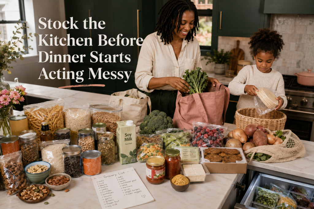  Mother and child unpacking plant-based family staples including beans, pasta, vegetables and soy milk.