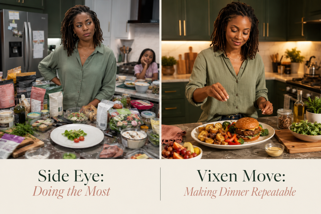 Comparison of an overwhelming plant-based dinner setup and a simple, filling family meal.