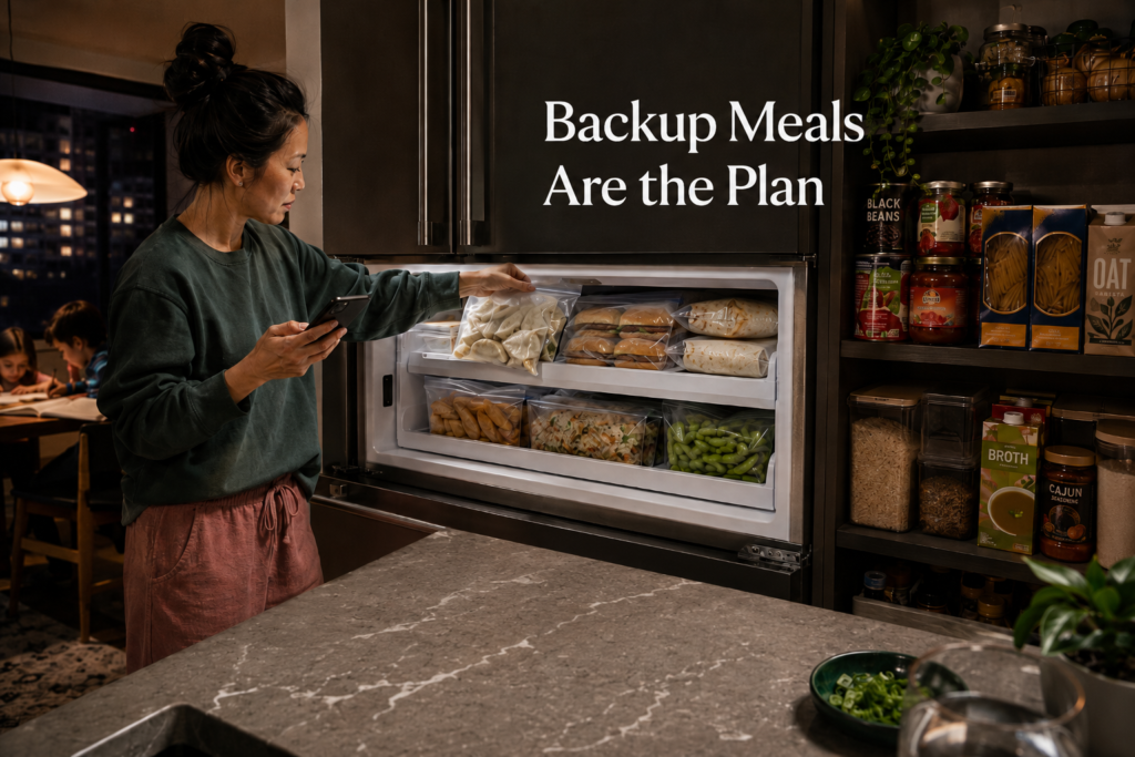 plant-based-freezer-and-pantry-backup-meals1 Freezer and pantry stocked with ingredients for quick plant-based backup meals.