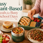 Plant-based school-day meal prep with a vegan breakfast sandwich, quesadilla lunchbox, chili mac thermos, fresh fruit, and red beans and rice.