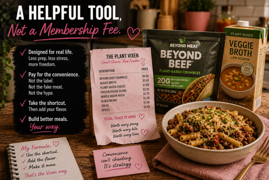 plant-based-meat-helpful-tool-not-membership-fee Plant-based crumbles, pantry ingredients, a pink grocery receipt, and a prepared meal arranged on a warm kitchen counter beside the words “A helpful tool, not a membership fee.”