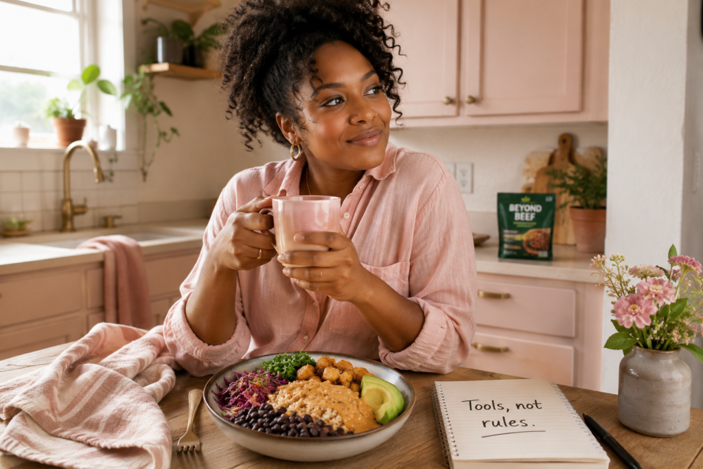 plant-based-meat-tools-not-rules Black woman holding a pink mug beside a satisfying plant-based bowl and a notebook that reads “Tools, not rules.”