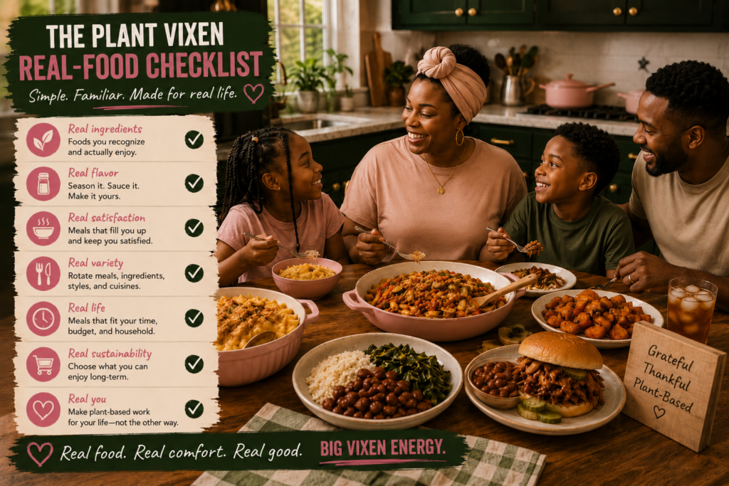 plant-vixen-real-food-checklist-family-dinner Black family enjoying a comforting plant-based dinner beside a checklist emphasizing familiar ingredients, flavor, satisfying meals, variety, and realistic choices.