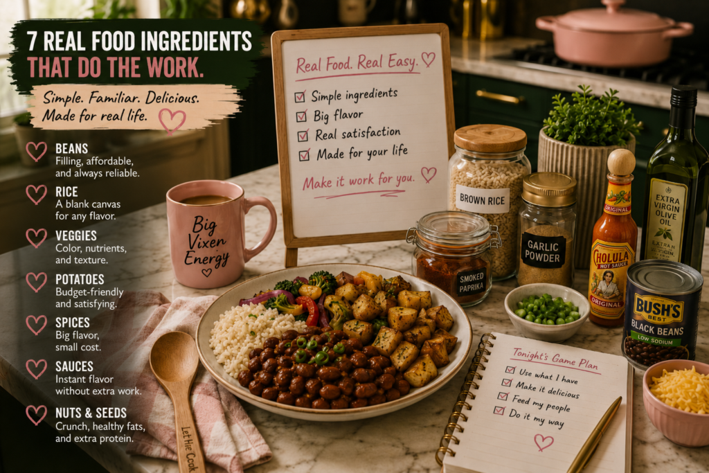 real-food-ingredients-for-plant-based-meals Warm kitchen counter with beans, brown rice, vegetables, potatoes, spices, hot sauce, olive oil, nuts, seeds, and a prepared plant-based dinner plate.