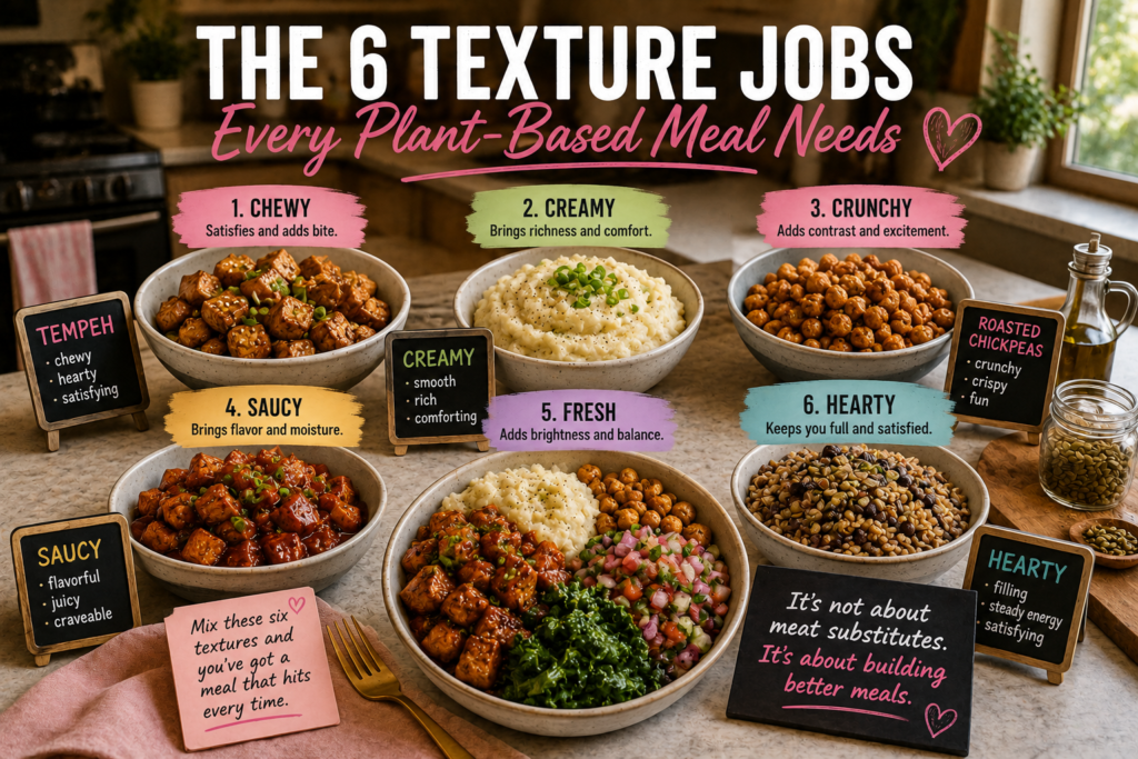 satisfying-plant-based-meal-texture-jobs Plant-based meal guide showing chewy tempeh, creamy mashed potatoes, crunchy roasted chickpeas, saucy bites, fresh vegetables, hearty grains and beans, and a completed bowl.